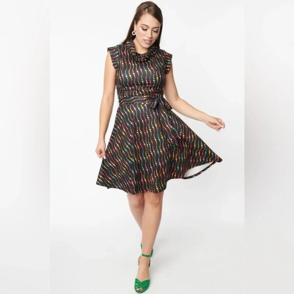 🦋B2G1🦋UNIQUE VINTAGE Black & Rainbow Dots Fit and Flare Dress NWT | SMAL… - Picture 2 of 11